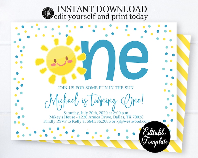 Fun in the Sun Turning ONE Girl 1st Birthday Invitation, Printable Editable Template, Sunshine Birthday Theme, Summer 1st Birthday SP0040 image 2