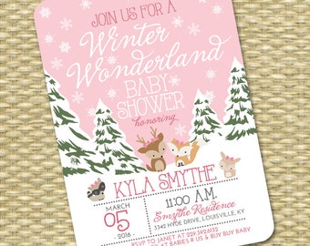 Winter Wonderland Baby Shower Baby Girl Shower Winter Baby Shower Invitation Pink Snowflakes Woodland Animals Diaper Shower Sip and See