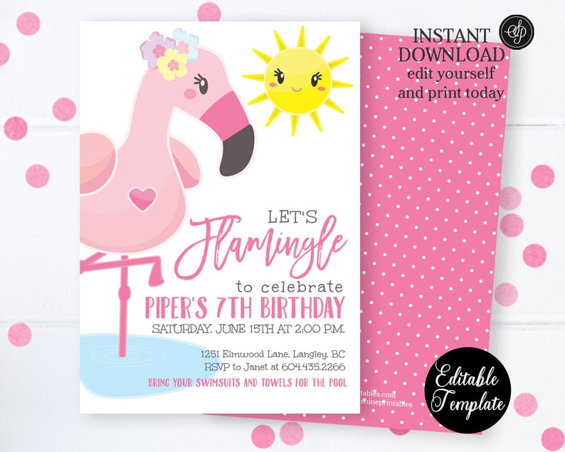 EDITABLE Let's Flamingle Birthday Invitation Template, Summer Flamingo Birthday Invite, Flamingo Invitation, Printable Invitation, SP0048 image 2