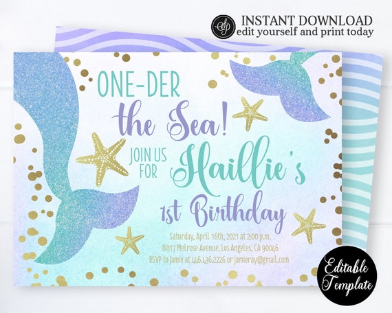 Oneder the Sea 1st Birthday Invitation, First Mermaid Birthday Invitation,  EDITABLE Invitation Girl 1st Birthday SP0070 