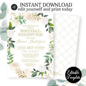 PRINTABLE White Floral Roses and Gold Greenery Bridal Shower Invitation, Floral Bridal Shower Invite Template, EDITABLE TEMPLATE, SP0038 image 1