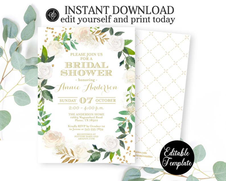 PRINTABLE White Floral Roses and Gold Greenery Bridal Shower Invitation, Floral Bridal Shower Invite Template, EDITABLE TEMPLATE, SP0038 image 1
