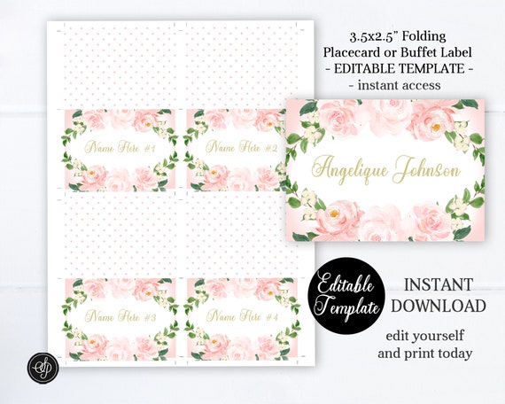 Pink Floral Buffet Food Labels or Seating Place Cards Folding 3.5x5 Printable Editable Templett Template SP0058