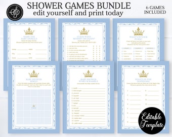 Royal Prince Baby BOY Shower 6 Game BUNDLE, Six Printable BLUE Royal Baby Shower Games, Baby Bingo, Guess Who, Baby Word Scramble, SP0013