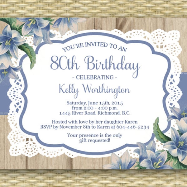 80th Birthday Invitation Adult Milestone Birthday Rustic Wood Lace Blue Flowers 60th 70th 90th, ANY EVENT