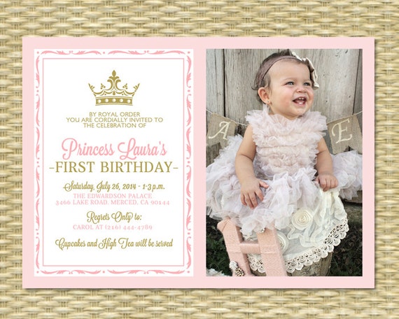 pink and gold princess first birthday invitation photo card royal baby girl shower printable any event princess first birthday invitations