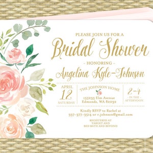 Peach Floral Bridal Shower Invitation, Printed or Printable Invitation, Floral Wedding Shower Invitation, Peach and Gold, Bridal Tea