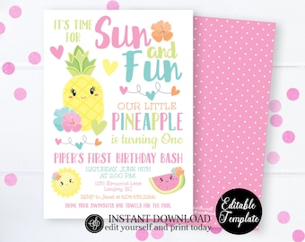Sun and Fun Summer Pineapple Birthday Invitation, Pineapple Birthday Party Invitation, Summer Party Invite EDITABLE TEMPLATE, SP0041
