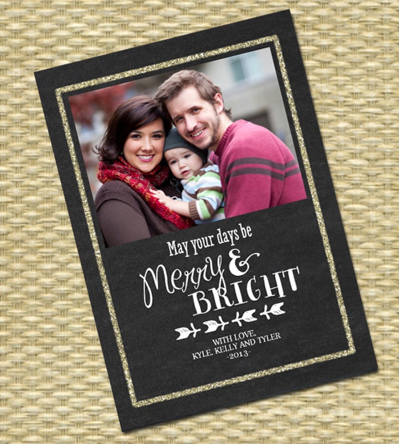 Christmas Photo Card Customized, DIY Printable, Holiday Glitter Chalkboard Merry & Bright Typography Portrait image 1