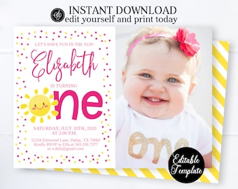 Little Sunshine 1st Birthday Invitation Template, EDITABLE INVITATION, Summer First Birthday Invite, Girl 1st Birthday with Photo, SP0040