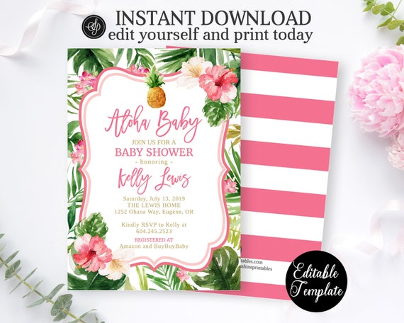 Hawaiian Baby Girl Shower Invitation, Tropical Baby Shower Invite for ...