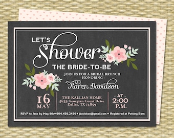 Bridal Brunch Invitations Chalkboard Floral Bridal Shower Invitation Bridal Tea Chalkboard Mint Pink, ANY EVENT