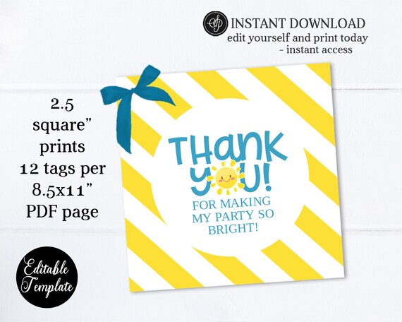 Summer 1st Birthday Favor Tags 2.5" Square, Blue and Yellow Sun & Fun Sunshine Birthday Little Sunshine Party, Editable Template SP0040 Il_570xn