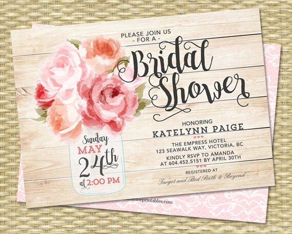 Bridal Shower Invitation, Mason Jar Invitation, Floral Bridal Shower Invite, Pink Peonies Rustic Bridal Shower Invitation, ANY EVENT Il_570xn