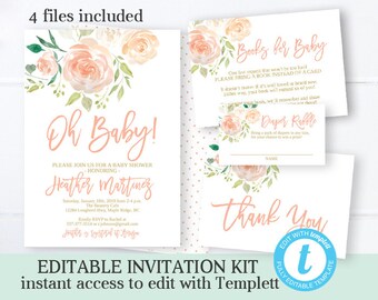 Peach Floral Baby Shower Invitation Bundle, Printable Gender Neutral Baby Shower Invite Kit, EDITABLE TEMPLATE, SP0016