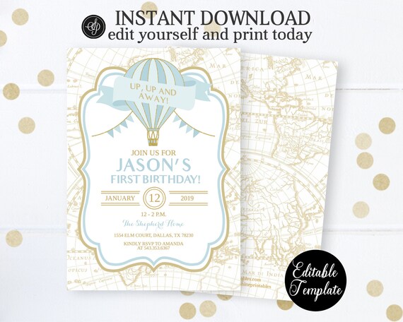 up up and away blue hot air balloon birthday invitation boy boy birthday invitations templates