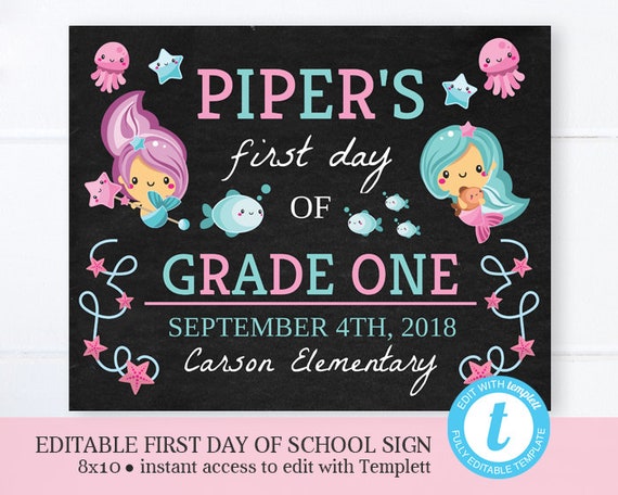 Mermaid First Day of School Chalkboard, First Day sign, ANY GRADE, Back to School, 1st Day School Sign, EDITABLE, Templett Instant Download Il_570xn