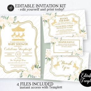 Gold Carousel Baby Shower Invitation, Printable Vintage Carousel Baby Shower Invite, White and Gold, EDITABLE Invitation Template, SP0044 image 8