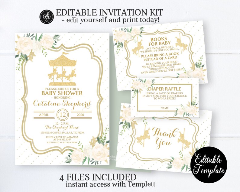 Gold Carousel Baby Shower Invitation, Printable Vintage Carousel Baby Shower Invite, White and Gold, EDITABLE Invitation Template, SP0044 image 8