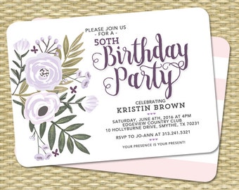 Purple Floral Adult Birthday Invitation Printable 50th Birthday Invite Handdrawn Floral Invitation Lavender Any Age Printable or Printed