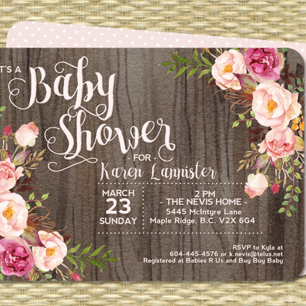 Baby Shower Invitation Baby Girl Shower Rustic Watercolor Dark Wood Roses Peonies Pink Blush Raspberry Floral Sip and See