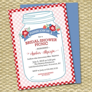 Bridal Shower Picnic Invitation Mason Jar Couples Shower Picnic Everyday is a Picnic with You Red Blue Gingham Check, ANY EVENT