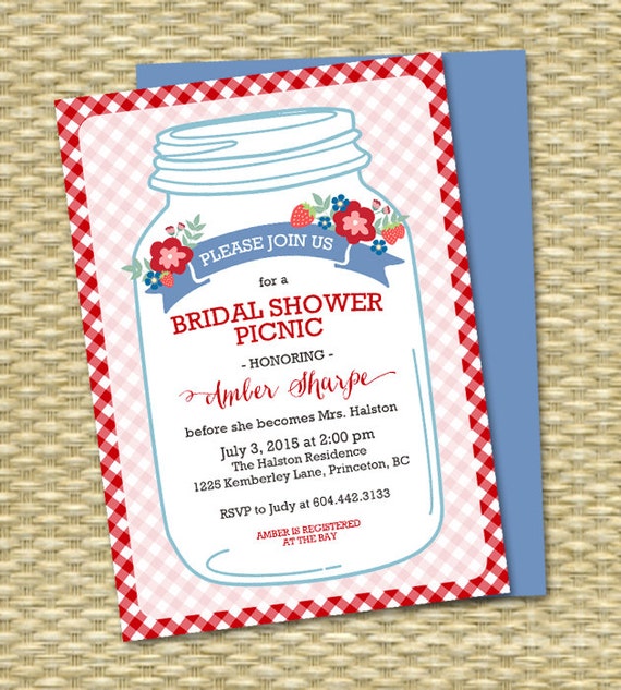 Mason Jar Bridal Shower Invitation, Picnic Bridal Shower Invite, Red