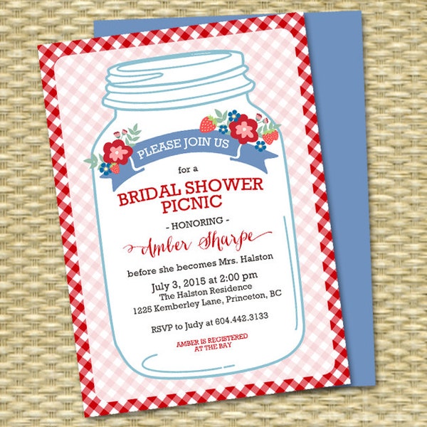 Bridal Shower Picnic Invitation Mason Jar Couples Shower Picnic Everyday is a Picnic with You Red Blue Gingham Check, ANY EVENT