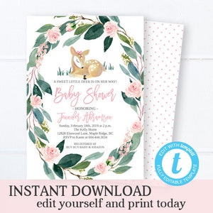 Woodland Animals Floral Invitation Set Baby Girl Shower Editable Template Woodland Invite Girl Baby Shower Invitation Kit SP0018 image 5