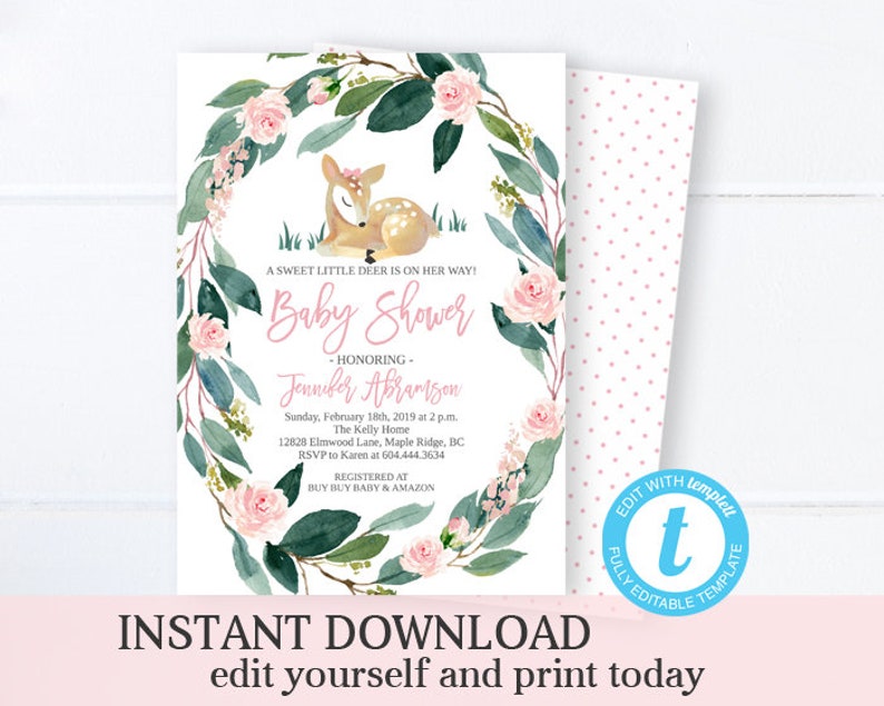 Woodland Animals Floral Invitation Set Baby Girl Shower Editable Template Woodland Invite Girl Baby Shower Invitation Kit SP0018 image 5