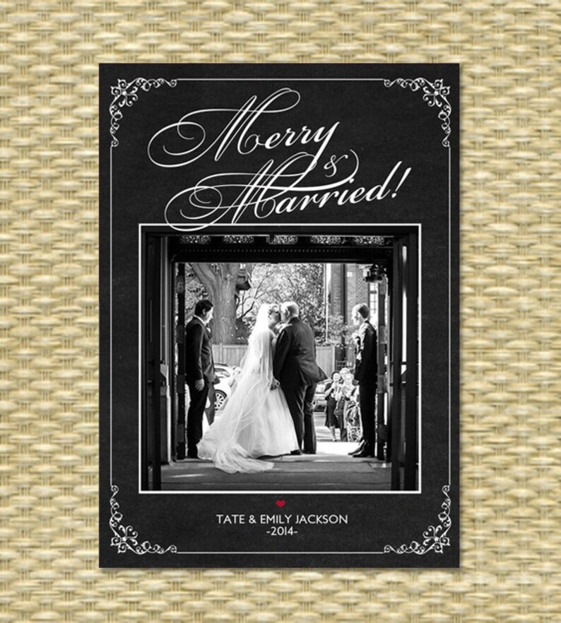 Merry & Married Christmas Photo Card Customized, DIY Printable Elegant, Classic, Chalkboard, Calligraphy, Script image 1