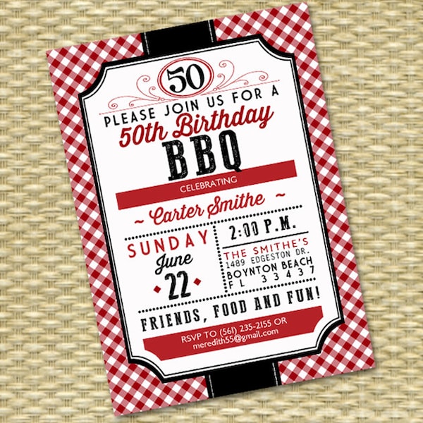 50th Birthday Invitation BBQ Birthday Invite Adult Birthday Invitation Milestone Birthday Party Invite Red Gingham BBQ Invitation