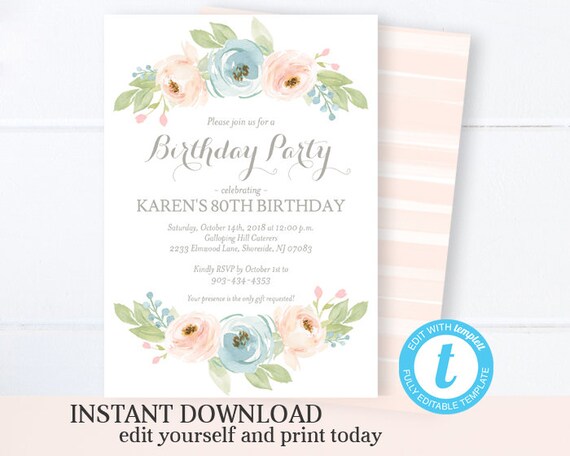 Watercolor Floral 80th Birthday Invitation Adult Birthday Invite for Woman Milestone Birthday Invitation Printable Editable Template Il_570xn