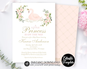 Swan Baby Shower Invitation Girl, Printable Swan Princess Baby Shower Invite, Pink and Gold, EDITABLE Invitation Template, SP0046