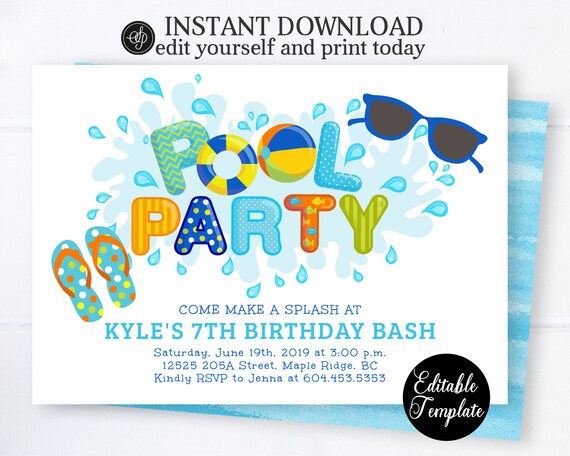 Pool Party Invitation Boy, Swimming Birthday Party Invitation, Printable Summer Party Invite, Instant Download SP0039 Il_570xn
