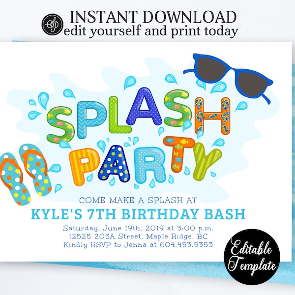 Splash Party Birthday Invitation Boy, Splash Pad Birthday Party Invitation, Printable Summer Party Invite, Instant Download SP0039