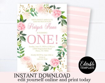 Pink and Gold Floral Girl First Birthday Invitation Printable Editable Template Instant Access with Templett 1st Birthday Invitation Girl