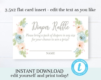 Pastel Floral Baby Shower Diaper Raffle Card Gender Neutral Baby Shower Diaper Raffle Ticket Instant Download Printable Editable File