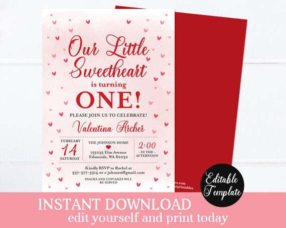 Our Little Sweetheart Valentine 1st Birthday Invitation Pink and Red Watercolor Hearts First Birthday Invite Printable Invitation Editable Il_570xn