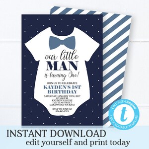 Little Man Invitation, Little Man Invite, Boy 1st Birthday, Bowtie Invitation, Our Little Gentleman, Navy Blue, Templett, Printable image 1