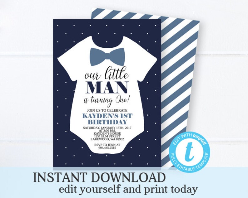 Little Man Invitation, Little Man Invite, Boy 1st Birthday, Bowtie Invitation, Our Little Gentleman, Navy Blue, Templett, Printable image 1