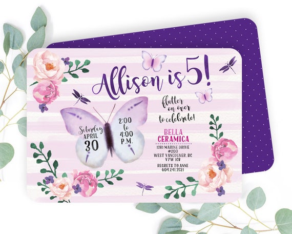 Butterfly Birthday Invitation Girl Watercolor Floral Printable