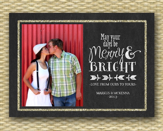 Christmas Photo Card - Customized, DIY Printable, Holiday - Glitter Chalkboard Merry & Bright Typography Il_570xn