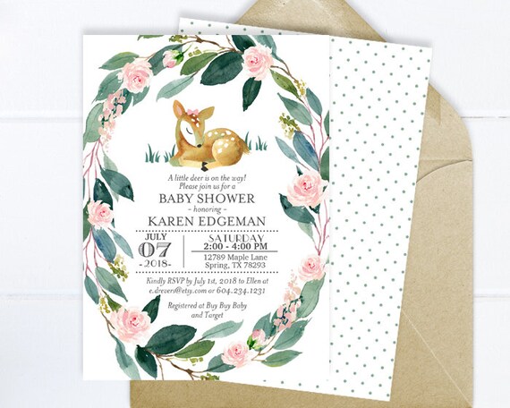 Woodland Deer Baby Girl Shower Invitation, Floral Woodland Little Deer Baby Shower Invite, Girl Baby Shower Invitation, Woodland Girl Baby Il_570xn