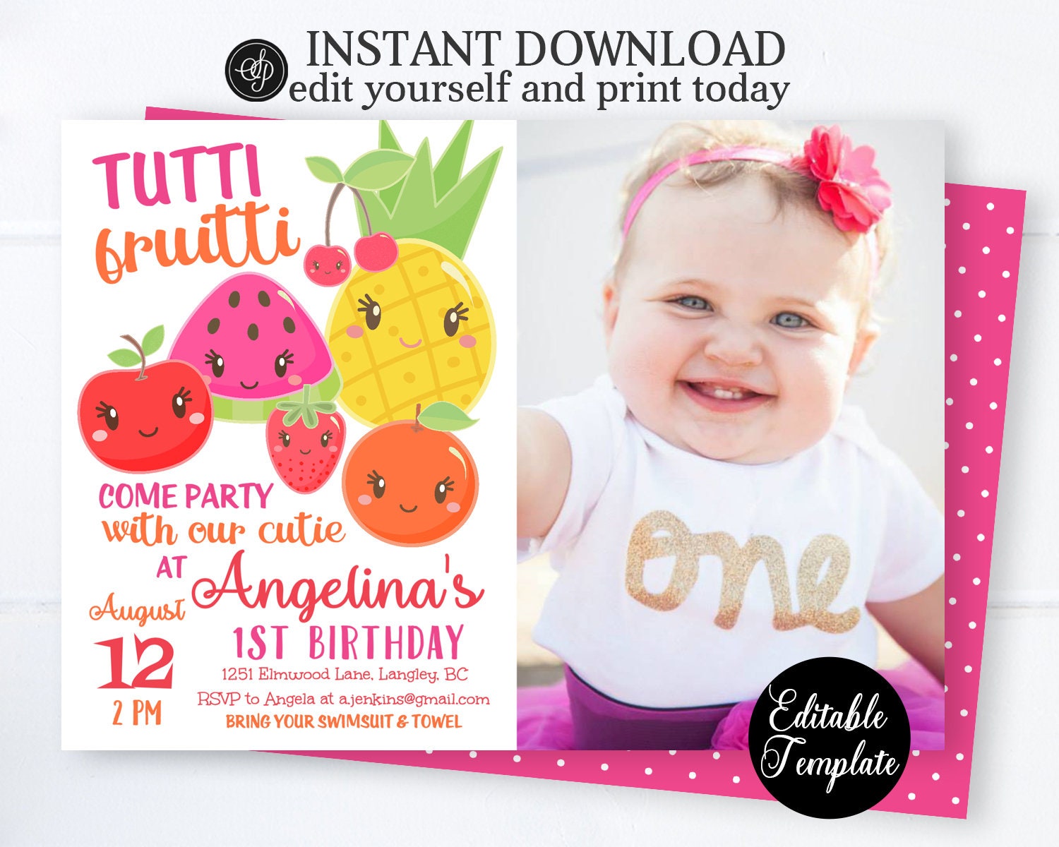 PRINTABLE 1st Birthday Invitation With PHOTO Tutti-frutti pic