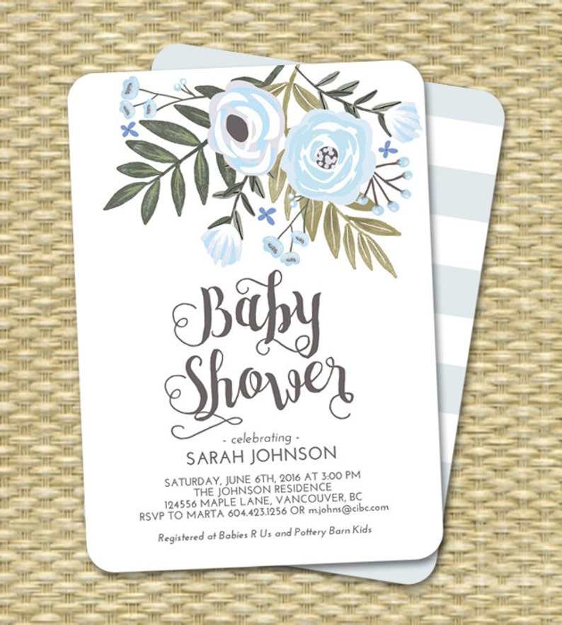 Baby Boy Shower Invitation Floral Baby Shower Invite Boy Baby Shower Floral Baby Shower Blue Mint Boy Baby Sprinkle Sip and See ANY EVENT image 1