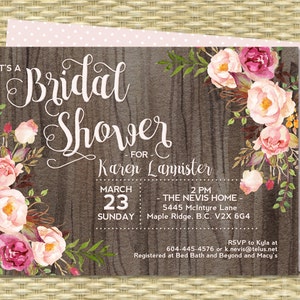 Bridal Shower Invitation Rustic Watercolor Dark Wood Roses Peonies Pink Blush Raspberry Floral Couples Shower Any Event image 3