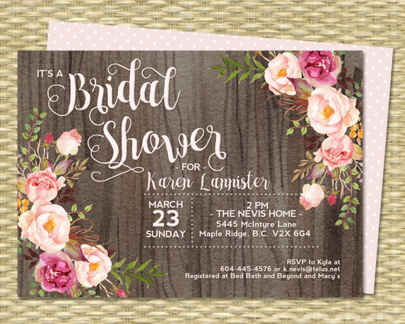 Bridal Shower Invitation Rustic Watercolor Dark Wood Roses Peonies Pink Blush Raspberry Floral Couples Shower Any Event 画像 3