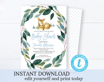 Woodland Baby Boy Shower Invitation Woodland Theme Baby Shower Invite Boy Baby Shower Little Deer Almost Here Editable SP0018