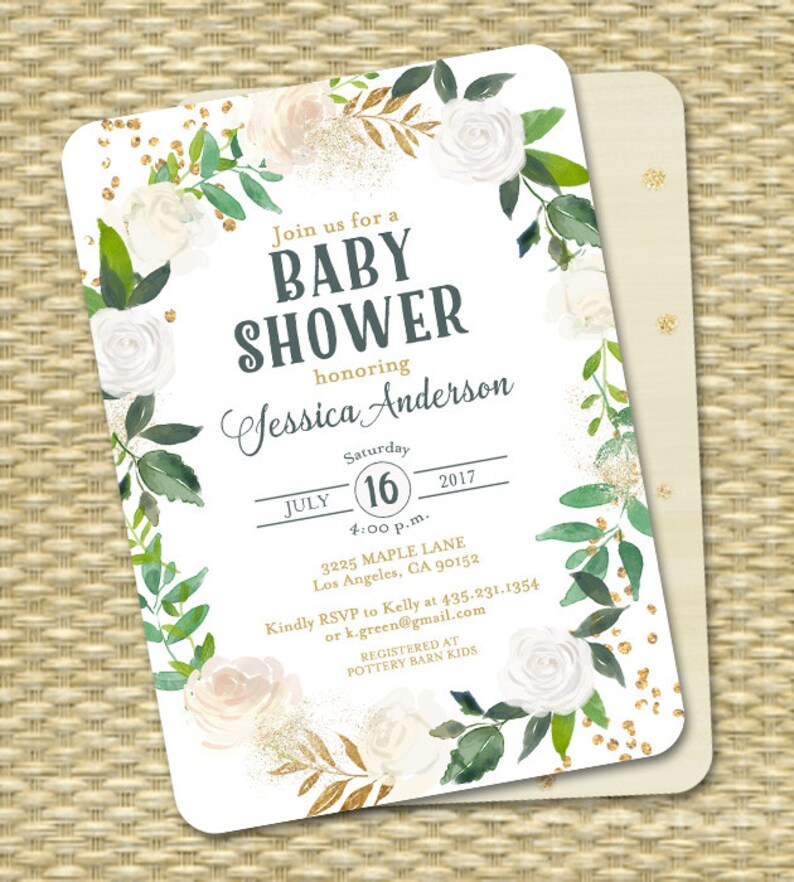 White and Gold Baby Shower Invitation Gold Glitter White Roses Etsy